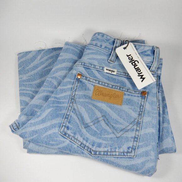 Wrangler Wanderer Flare JEANS Size 26 x 30 Blue Meow Laser Tiger Print NEW - Picture 14 of 16
